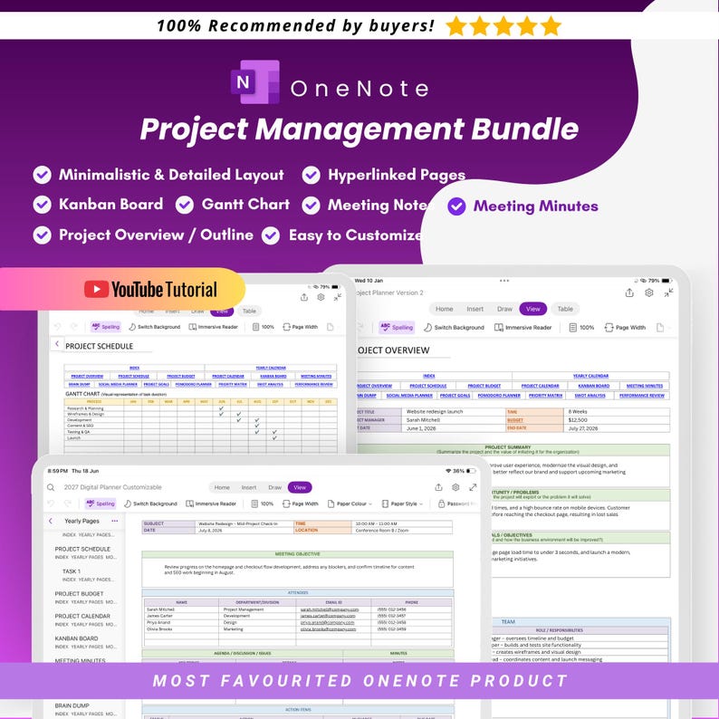 project management template for OneNote, meeting minutes, meeting notes, kanban board, gantt chart