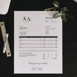 May include: A black and white invoice with the text "KA" in a circle. The invoice is for Louise S. Burris and includes a list of items with prices and quantities. The total amount due is $258.77.