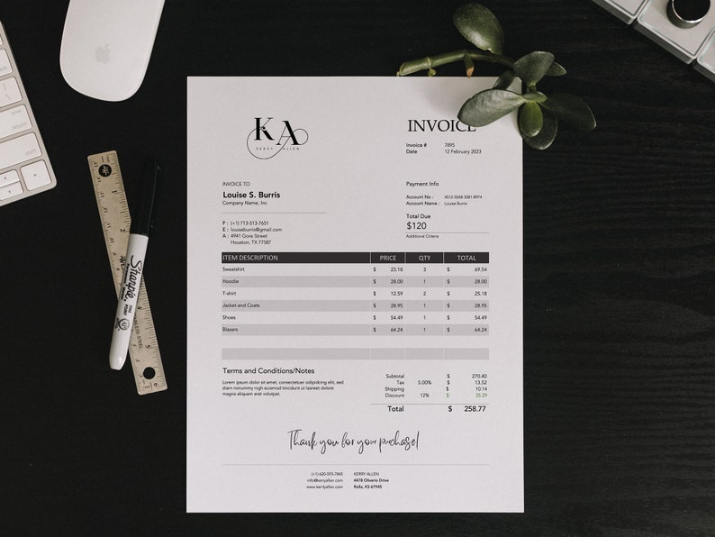 May include: A black and white invoice with the text "KA" in a circle. The invoice is for Louise S. Burris and includes a list of items with prices and quantities. The total amount due is $258.77.