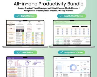 Google Sheets Productivity Bundle, To Do List, Task Tracker Template, Goals Tracker, Assignment Tracker, Meal Planner Grocery List