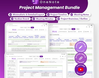 May include: A digital OneNote Project Management Bundle featuring three tablet screens displaying project outlines, overviews, and meeting notes. The purple-themed interface includes a kanban board, project timeline, and meeting minutes with customisable layouts and hyperlinked pages.