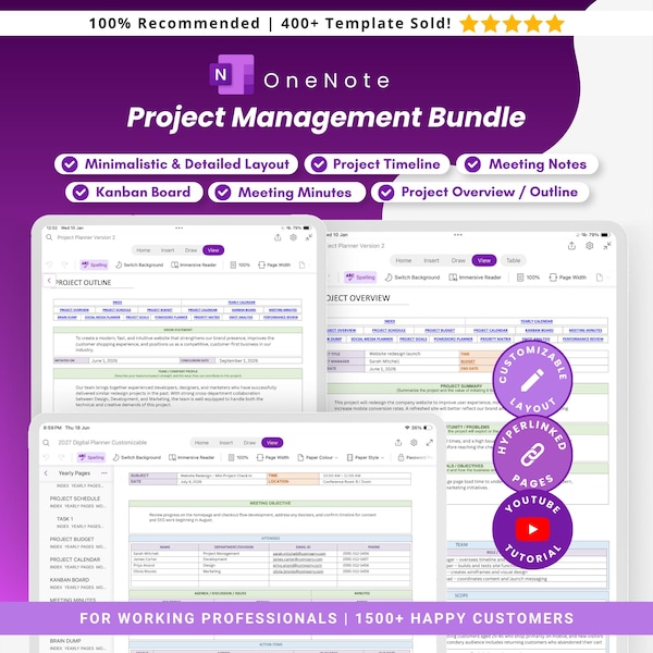 Project Management Template, Gantt Chart, Project Milestone, SMART Goals, Project Budget, SWOT Analysis, Kanban Board, OneNote Planner