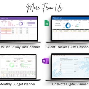May include: Four laptop computer screens displaying different digital planner templates. The templates are for a to-do list, client tracker, monthly budget, and a OneNote digital planner. The screens are labeled with the names of the templates.