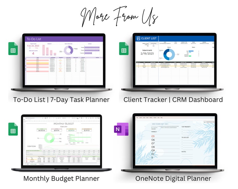 May include: Four laptop computer screens displaying different digital planner templates. The templates are for a to-do list, client tracker, monthly budget, and a OneNote digital planner. The screens are labeled with the names of the templates.