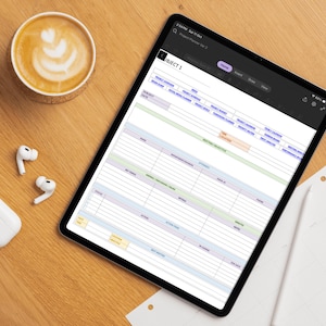 May include: A digital tablet displaying a project planner template with sections for subject, date, meeting objective, attendees, and action items. The screen shows a structured grid layout with purple, green, and yellow headers for organized project management.