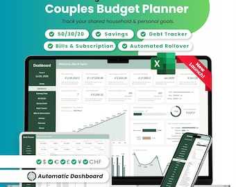 Couples Budget Planner Excel Template, Joint Finance Tracker Spreadsheet, 50/30/20 Household Budget, Shared Expense & Debt Payoff Dashboard
