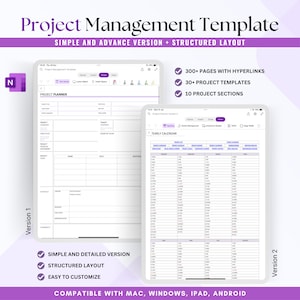 Project Management Template, Gantt Chart, Project Milestone, SMART Goals, Project Budget, SWOT Analysis, Kanban Board, OneNote Planner