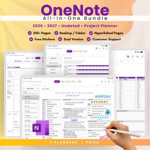 Planificador digital todo en uno para OneNote (2026, 2027, sin fecha, autocuidado y gestión de proyectos)