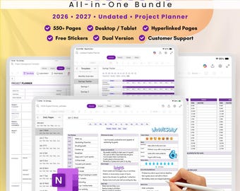 Planificador digital todo en uno para OneNote (2026, 2027, sin fecha, autocuidado y gestión de proyectos)