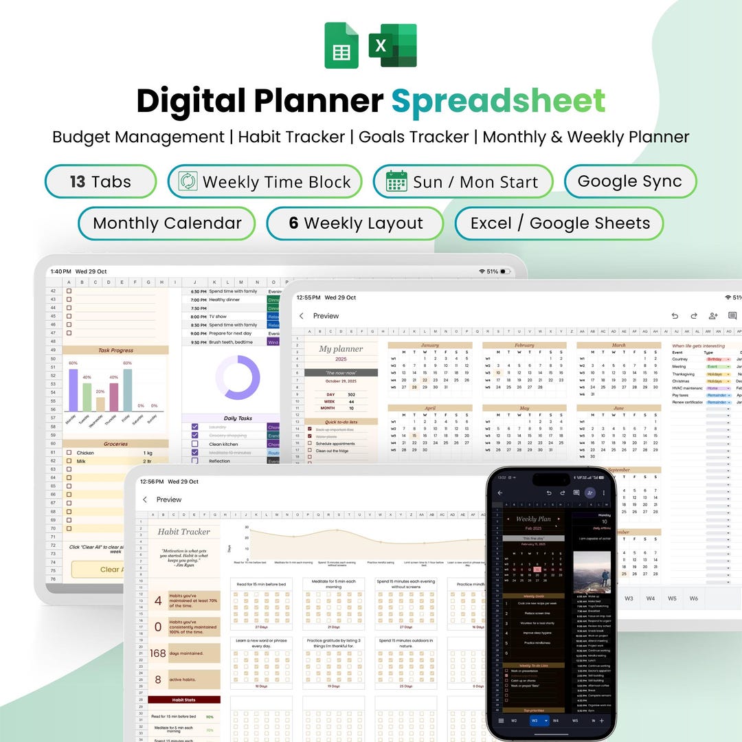Digital Planner Spreadsheets | Google Sheets, MS Excel | Productivity ...