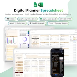 Digital Planner Spreadsheets | Google Sheets, MS Excel | Productivity & Task Tracker | Editable Daily Planner Template