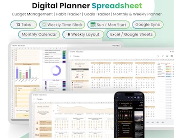 Digitala planerare för kalkylblad | Google Sheets, MS Excel | Produktivitets- och uppgiftsspårare | Redigerbar mall för daglig planerare