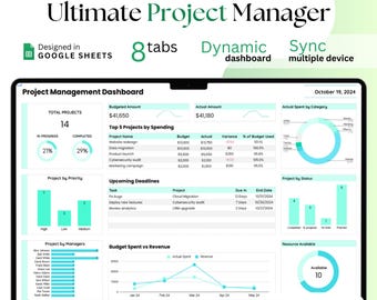 Puede incluir: Una pantalla de computadora portátil que muestra un tablero de gestión de proyectos de Google Sheets con un esquema de color azul verdoso y blanco. El tablero incluye gráficos, diagramas y tablas con datos sobre proyectos, presupuesto, plazos y recursos. El texto "Ultimate Project Manager" se muestra en la parte superior de la pantalla. El texto "Tutorial Video Included" se muestra en la parte inferior de la pantalla.