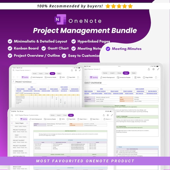 Project Management Template, Gantt Chart, Project Milestone, SMART Goals, Project Budget, SWOT Analysis, Kanban Board, OneNote Planner
