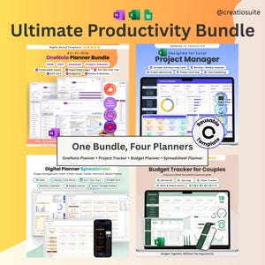Może przedstawiać: Ultimate Productivity Bundle zawierający cztery cyfrowe planery: OneNote Planner, Excel Project Manager, Digital Planner Spreadsheet oraz Budget Tracker for Couples. Zawiera różne widoki pulpitów nawigacyjnych, listy zadań, kalendarze i narzędzia do śledzenia budżetu do użytku na laptopach, tabletach i urządzeniach mobilnych.