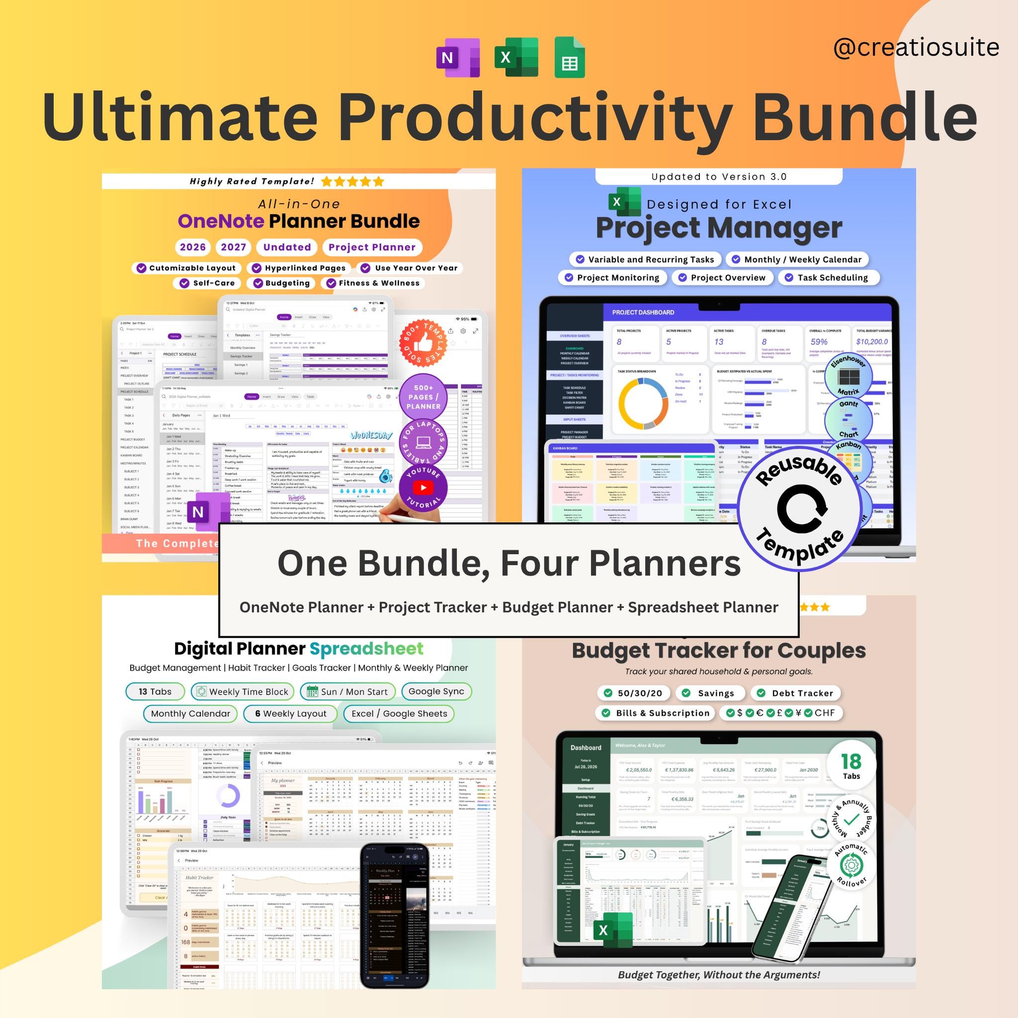 Ultimate Productivity Bundle Project Planner Excel OneNote Planner Digital Planner Spreadsheet Budget Tracking Task Tracker