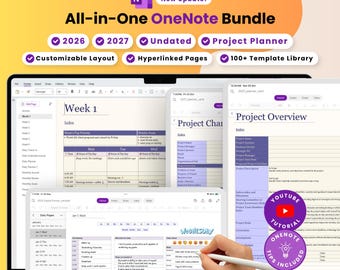 Zestaw OneNote All-in-One Digital Planner | Planer na rok 2026, 2027, bez daty | Samoopieka | Szablon do zarządzania projektami | Windows iOS Android