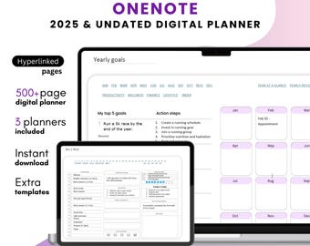 2025 & Undatierter OneNote Digitaler Planer, Hyperlink-Vorlage, OneNote Vorlage, Täglicher Wochenmonatsplaner, Professionelles Planer Bundle
