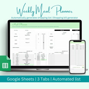Pianificatore settimanale dei pasti digitale, lista della spesa automatica, modello di foglio di calcolo per pianificatore alimentare, Fogli Google, libro di ricette