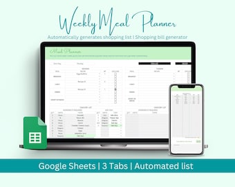 Weekly Meal Planner Digital, Automatic Grocery List, Food Planner Spreadsheet Template, Google Sheets, Recipe Book