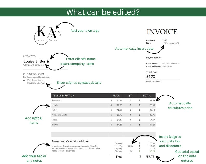 You can edit almost anything in this template, this template is compatible with excel sheets.