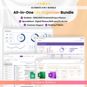 All-in-one Life Organizer Bundle for Professional and Personal | OneNote Templates | Spreadsheet Planner | Task Tracker | Excel