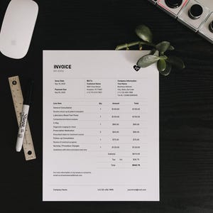 A simple invoice template with company logo at the top. The invoice is for medical and lists several items with price and quantities.