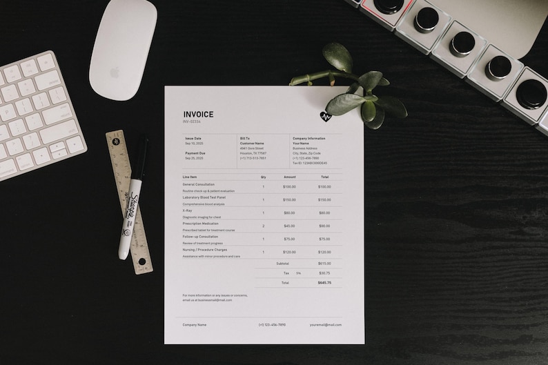 A simple invoice template with company logo at the top. The invoice is for medical and lists several items with price and quantities.