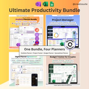 Paquete de productividad definitivo: Gestión de proyectos, Excel, Google Sheets, OneNote, Planificador, Planificador digital, Hoja de cálculo, Seguimiento de presupuesto, Seguimiento de tareas