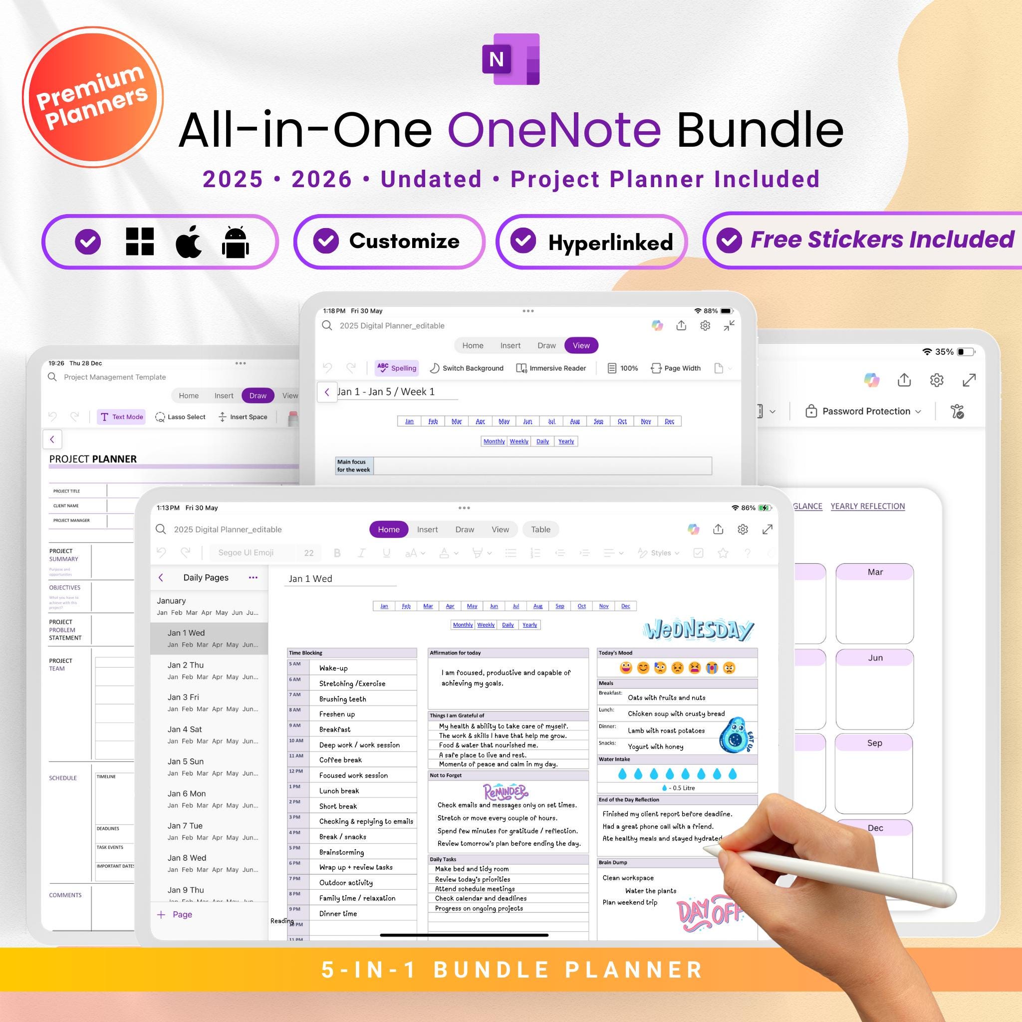 OneNote All-in-One Planer Bundle, Projektplaner, 2025, 2026, Undatierter Planer, Tagesplaner, Projektmanagement, Professioneller Planer