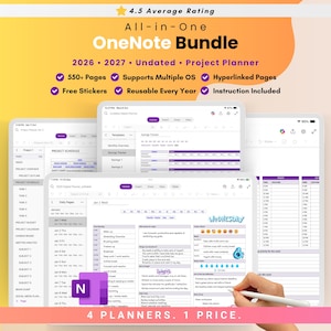 Planificador digital todo en uno para OneNote (2026, 2027, sin fecha, autocuidado y gestión de proyectos)