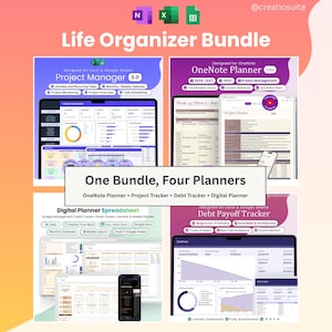 Life Organizer Bundle OneNote Planner Debt Payoff Tracker Project Management Template Digital Planner Spreadsheet Excel Google Sheets