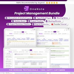 May include: A digital OneNote Project Management Bundle featuring a purple header with text. Three tablet screens display project schedules, project overviews, and meeting minutes with tables, checklists, and task lists in a clean layout.