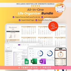 All-in-one Life Organizer Bundle for Professional and Personal | OneNote Templates | Spreadsheet Planner | Task Tracker | Excel