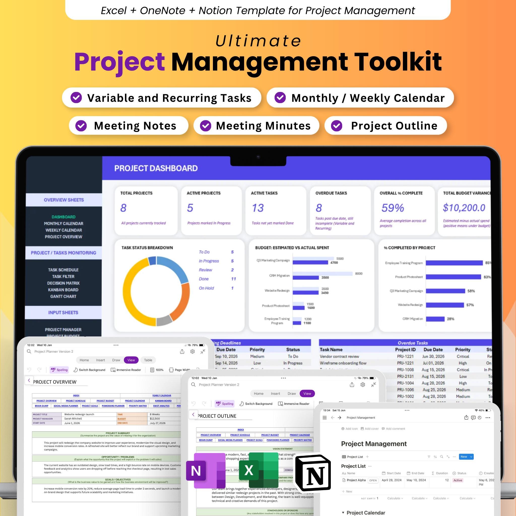 Project Management Toolkit, Gantt Chart, Project Milestone, SMART Goals, Project Budget, SWOT Analysis, Kanban Board, OneNote, Excel