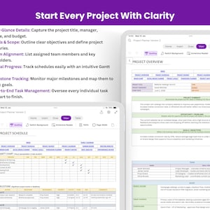 May include: A digital project planner interface displayed on two screens. The left screen shows a project schedule with a Gantt chart and milestones. The right screen displays a project overview page with sections for summary, goals, and team details.