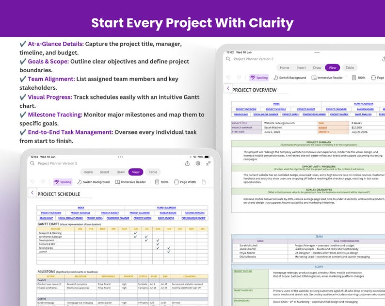 May include: A digital project planner interface displayed on two screens. The left screen shows a project schedule with a Gantt chart and milestones. The right screen displays a project overview page with sections for summary, goals, and team details.