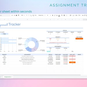 Pu&ograve; includere: Un foglio di calcolo con il titolo "Assignment Tracker" che mostra una rappresentazione visiva degli incarichi da svolgere, il loro stato e la loro priorit&agrave;. Il foglio di calcolo include un grafico che mostra il numero di incarichi completati, in corso e scaduti. Il foglio di calcolo include anche una tabella con un elenco di incarichi, le loro date di scadenza e il numero di giorni rimanenti fino alla scadenza.