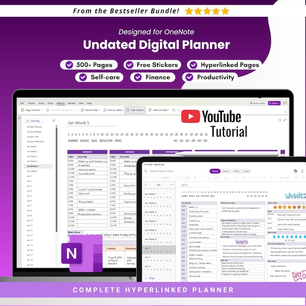 OneNote Digitalplaner: Undatiert | Selbstfürsorge | Produktivität | Tages-, Wochen- und Monatsplaner