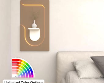 Modern Wooden Wall Panel with LED Light, Minimalist Floating Shelf, Decorative Wall Art for Living Room, Entryway, Office, Home Gift Idea