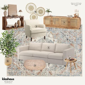 Tablero de inspiración para interiores acogedores e informales, guía de decoración digital, diseño de sala de estar neutra, PDF de estilo granja moderno, lista de compras de descarga instantánea