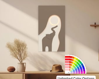 Elefante LED Arte murale in legno, pannello luminoso minimalista, decorazione murale moderna Boho, luce notturna alimentata tramite USB, accento domestico fatto a mano, regalo unico