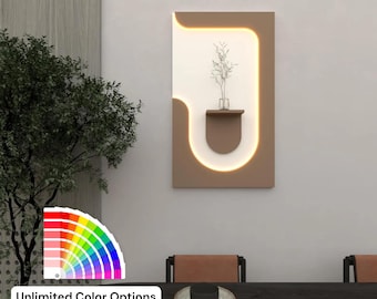 Modern Wood Wall Panel with LED Lighting, Minimalist Floating Shelf, Decorative Wall Art for Living Room, Hallway, Office, Housewarming Gift