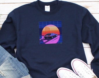 Synthwave Sunset Sweatshirt for fans of Retrowave, Vaporwave, and Cyberpunk Aesthetics