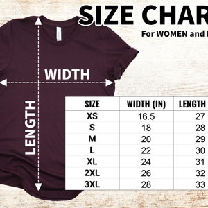 Op de afbeelding: Een bordeauxrood t-shirt met een maattabel. De tabel toont de afmetingen voor breedte en lengte in inches voor maten XS tot 3XL. De tekst "SIZE CHART For WOMEN and MEN!" wordt bovenaan weergegeven.