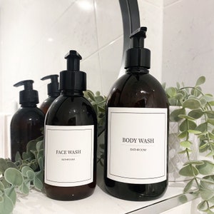 Refillable Amber Plastic Pump Bottles with White Minimalistic Personalised Labels | Shampoo and Conditioner | 2 Sizes