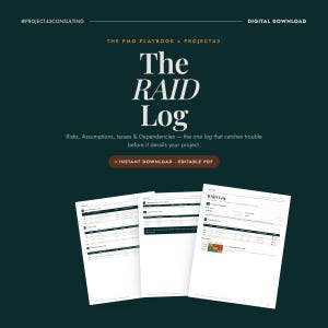 May include: A digital download of The RAID Log by The PMO Playbook x Project43. This editable PDF template features white pages with black text, organized into sections for risks, assumptions, issues, and dependencies for project management.