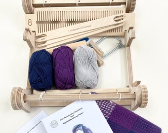 Rigid Heddle Loom Weaving Craft Kit: Cotton Scarf, Purple & Grey Yarn