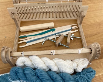 Rigid heddle loom, cowl weaving kit, learn to weave with this loom, accessories, yarn and instructions - create a beautiful wool snood scarf