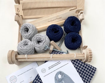 Rigid Heddle Loom Weaving Kit: Navy & Grey Cotton Scarf - Beginner Friendly